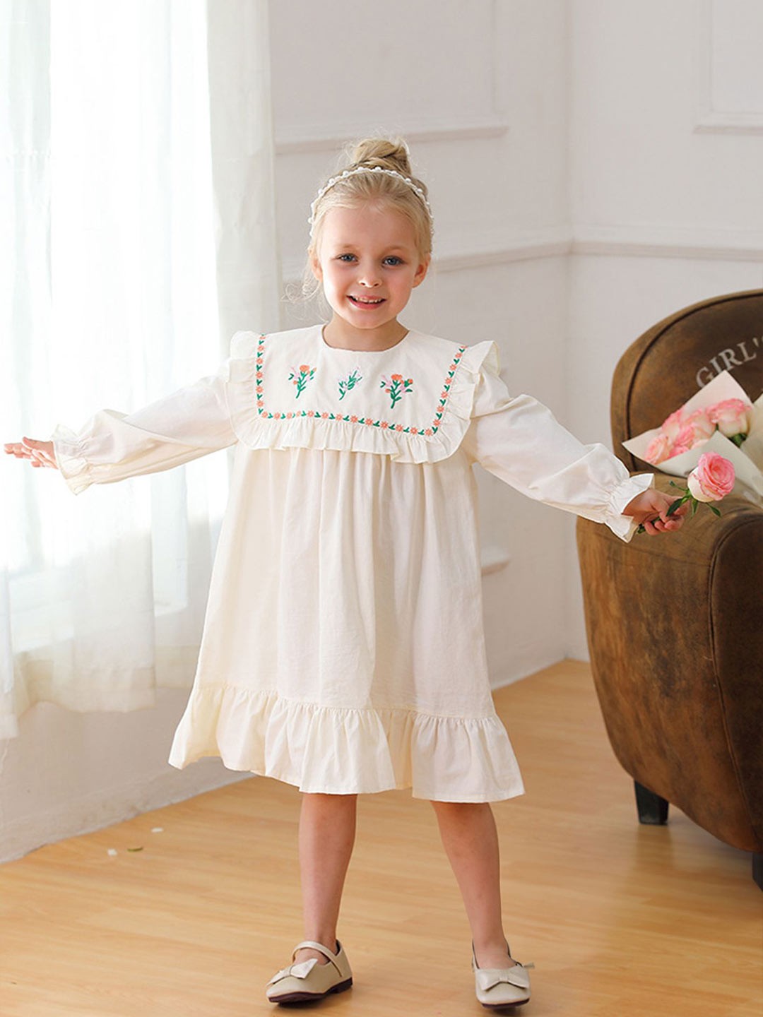 

LULU & SKY Girls Floral Embroidery A-Line Cotton Dress, White