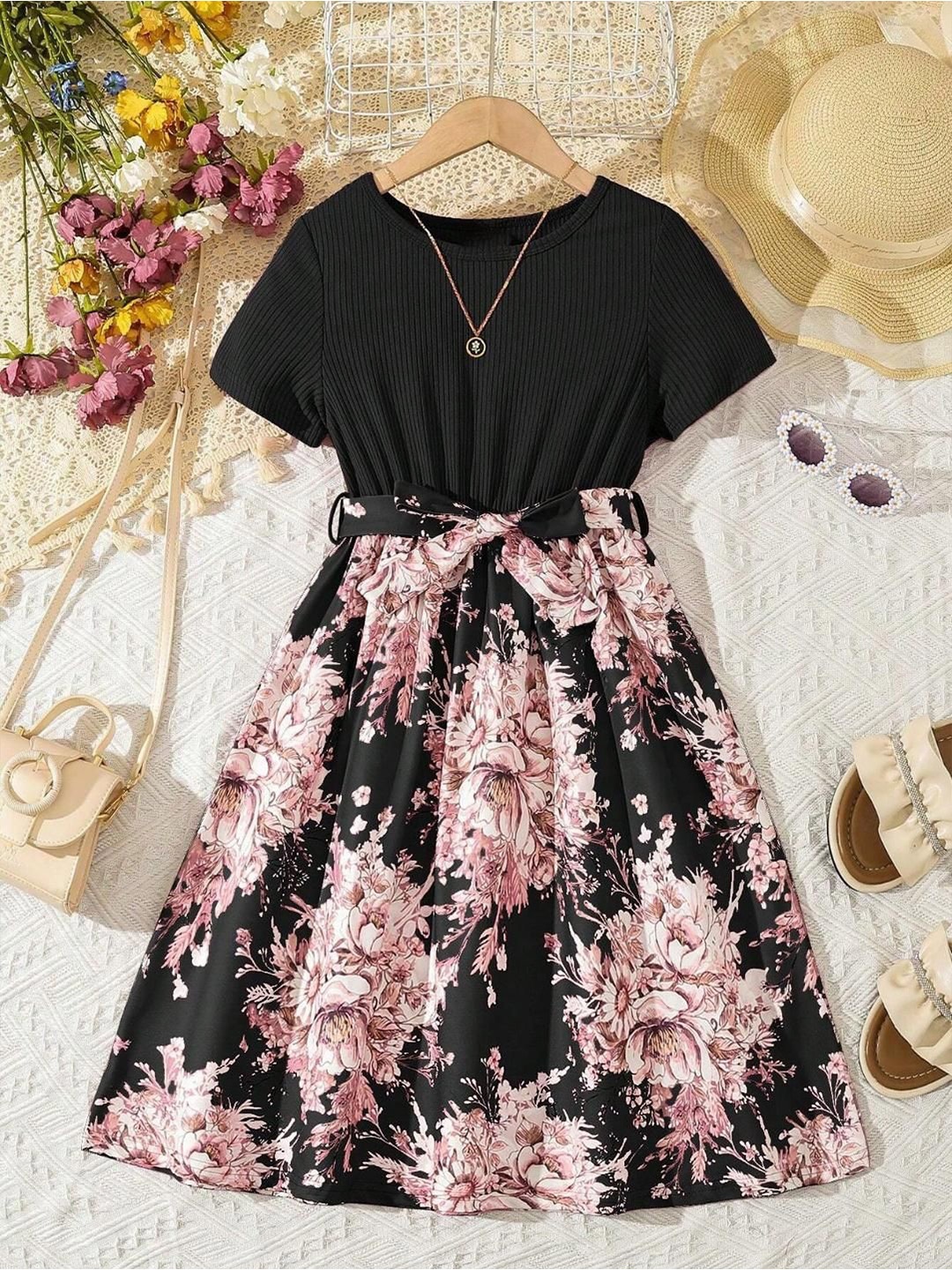 

Miss & Chief Girls Floral Printed Fit & Flare Dress Comes with a belt, Black