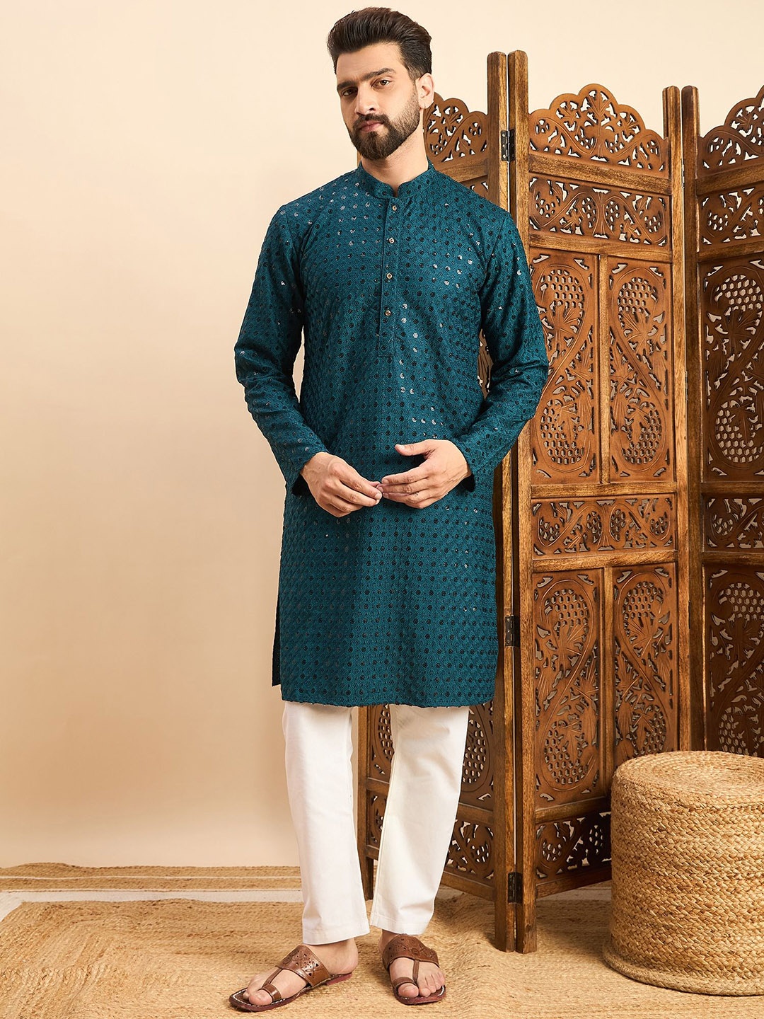 

House of Pataudi Embroidered Straight Kurta, Turquoise blue