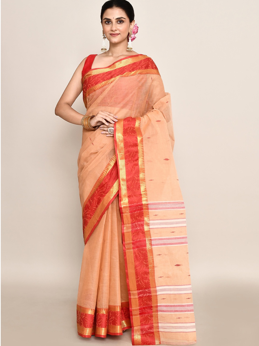 

PUKU Ethnic Motifs Patchwork Pure Cotton Taant Saree, Beige