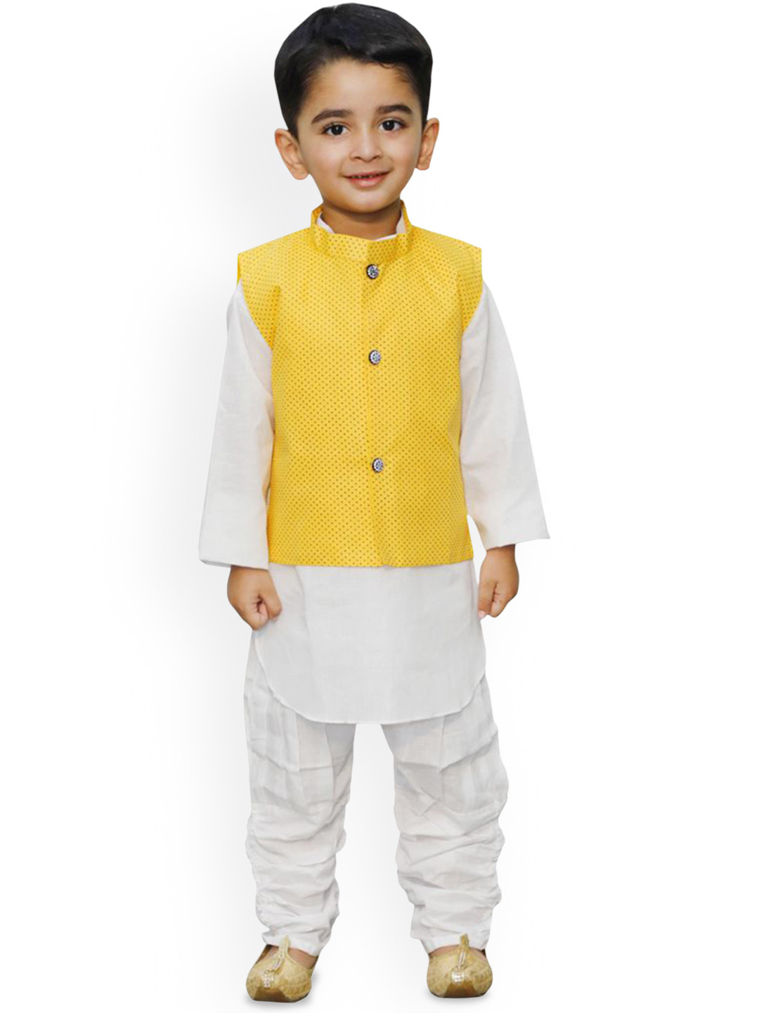 

itsmycostume Boys Mandarin Collar Pure Cotton Straight Kurta With Trouser & Nehru Jacket, White