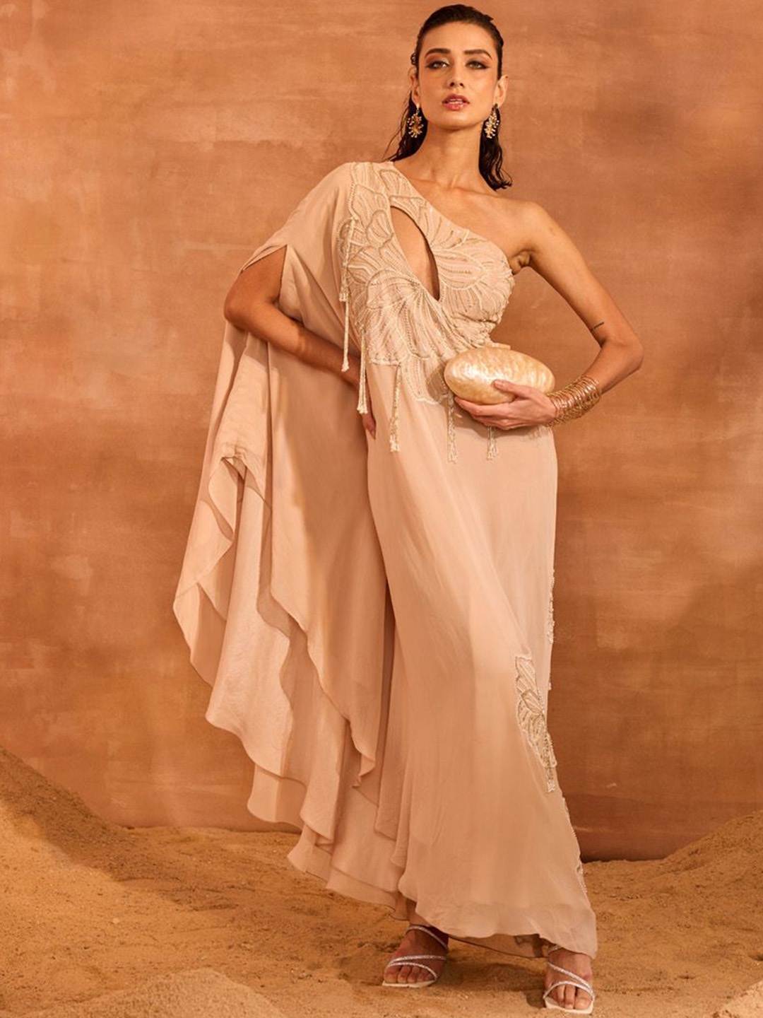 

DIVYA AGGARWAL Embroidered One Shoulder Tunic with Trouser, Beige