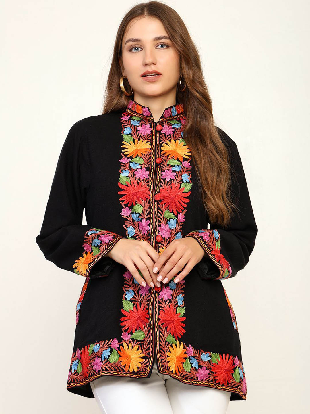 

CRAFTBAZAR Women Geometric Acrylic Puffer Jacket with Embroidered, Black