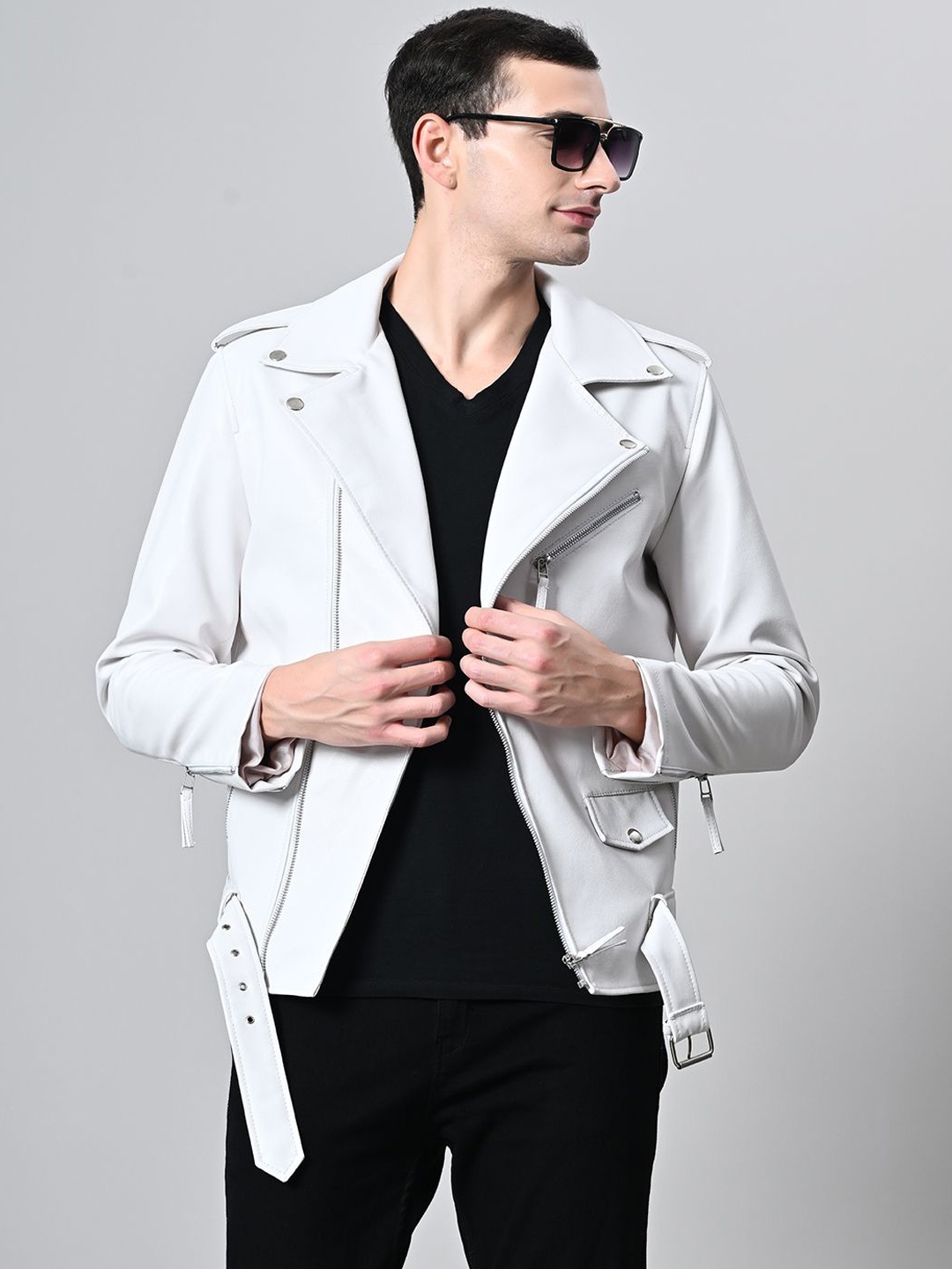 

TBOJ Men Leather Lightweight Biker Jacket, White