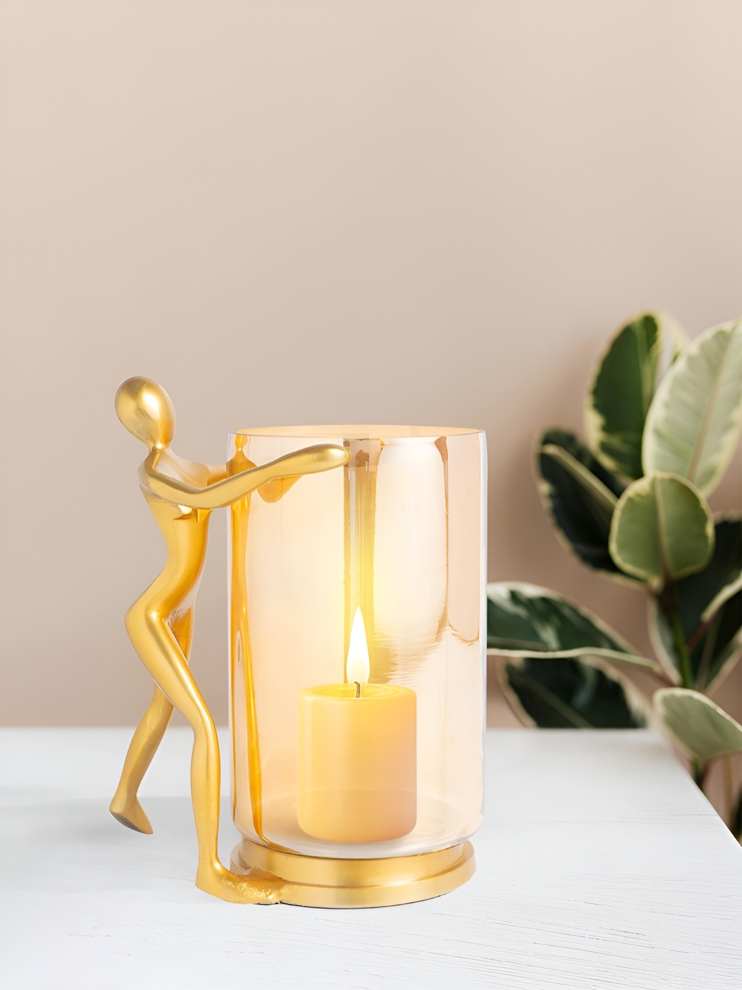 

Golden Peacock Gold-Toned Transparent Textured Candle Holder