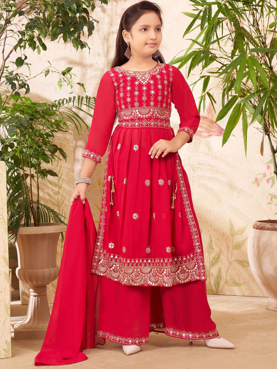 

BAESD Girls Ethnic Motifs Embroidered Panelled Mirror Work Kurta with Palazzos & With Dupatta, Pink