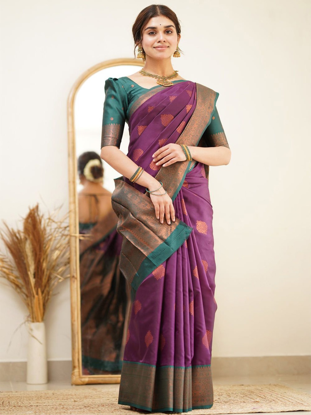 

Jinax Woven Design Zari Pure Silk Banarasi Saree, Purple