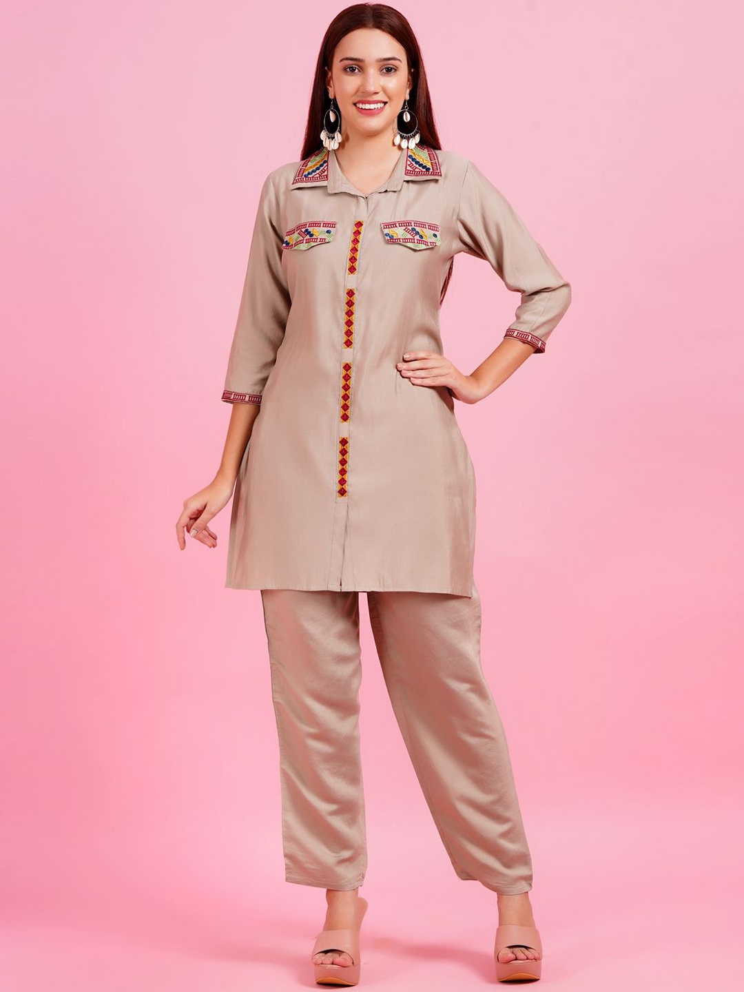 

JC4U Shirt Collar Embroidered Tunic with Trouser, Beige