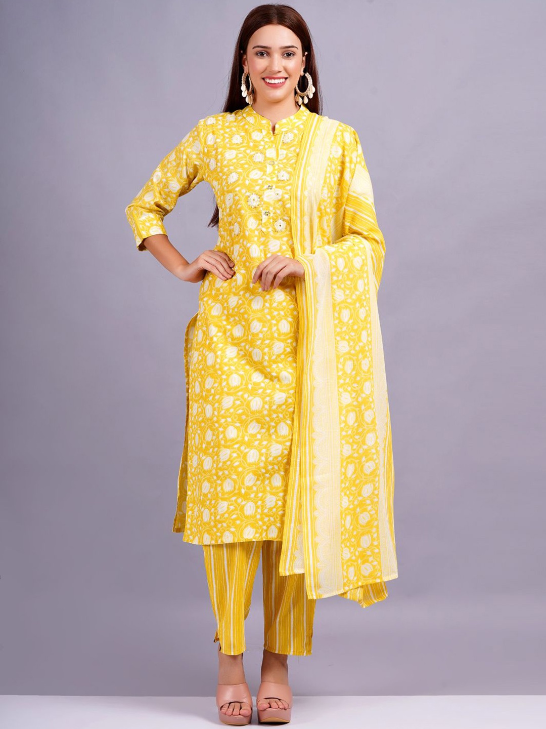 

JC4U Women Ethnic Motifs Printed Regular Zardozi Pure Cotton Kurta with Trousers & With Dupatta, Yellow