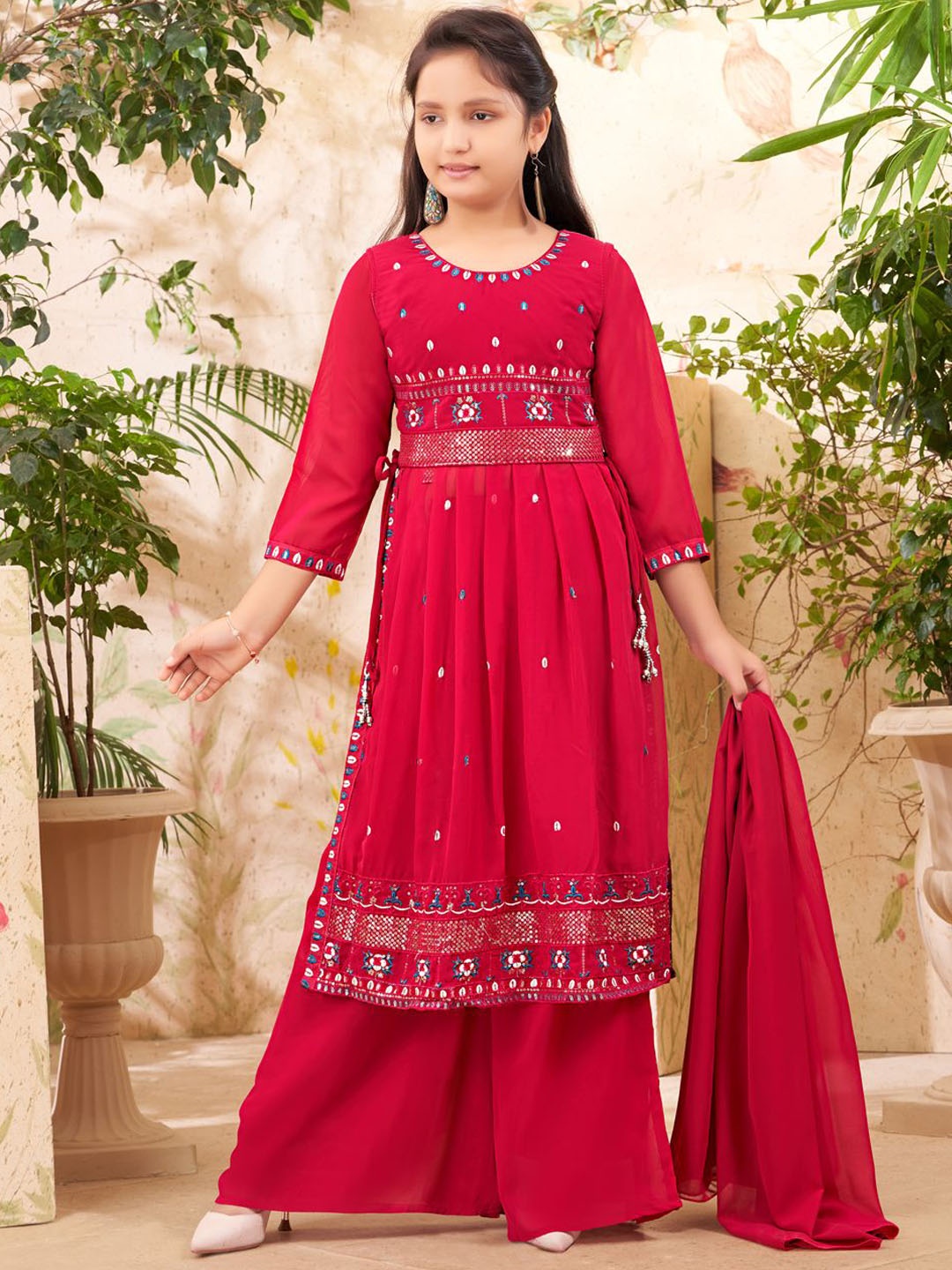 

BAESD Girls Floral Embroidered Regular Kurta with Palazzos & With Dupatta, Pink