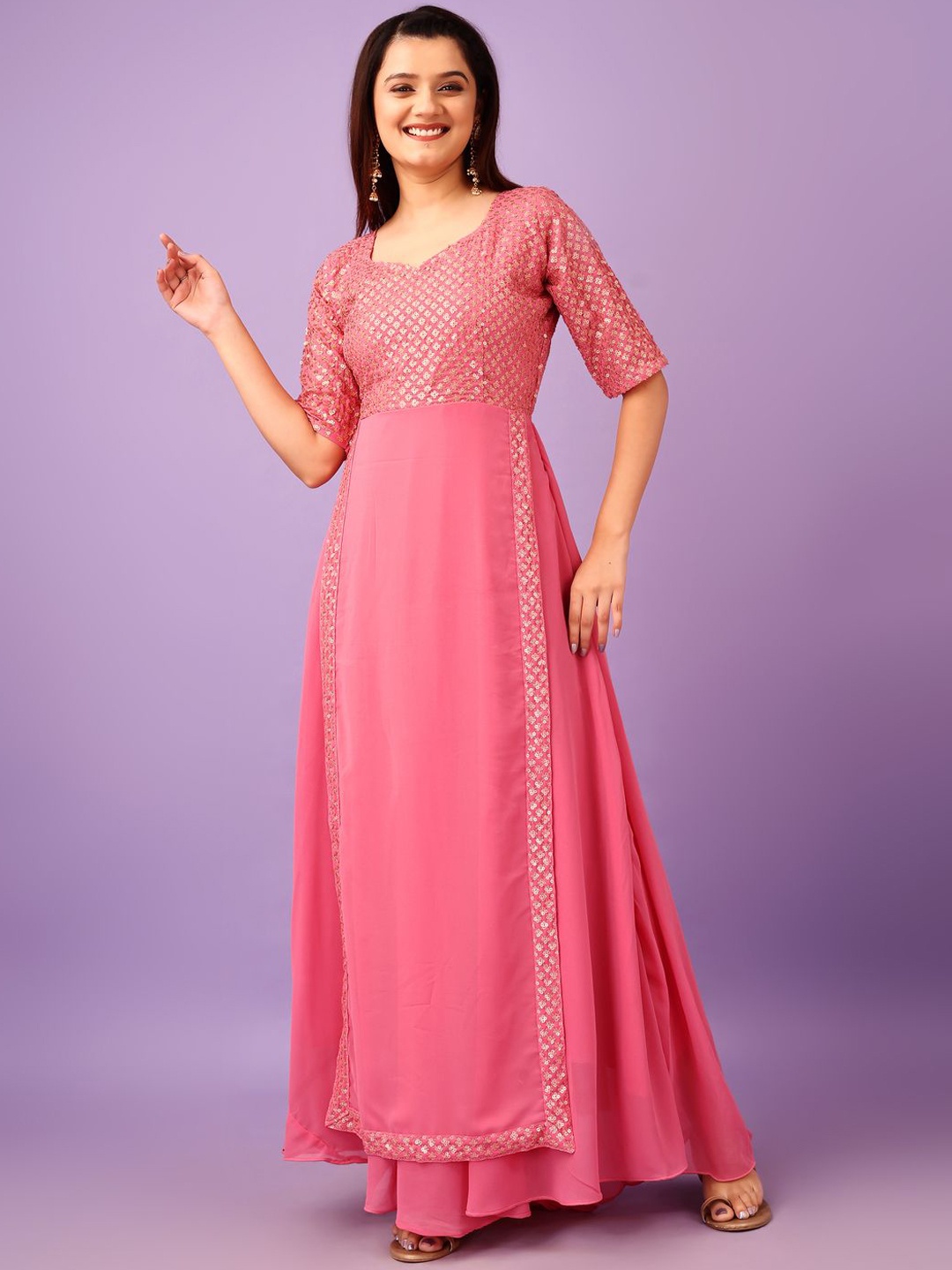 

KALINI Embroidered Ethnic Fit and Flare Dress, Pink