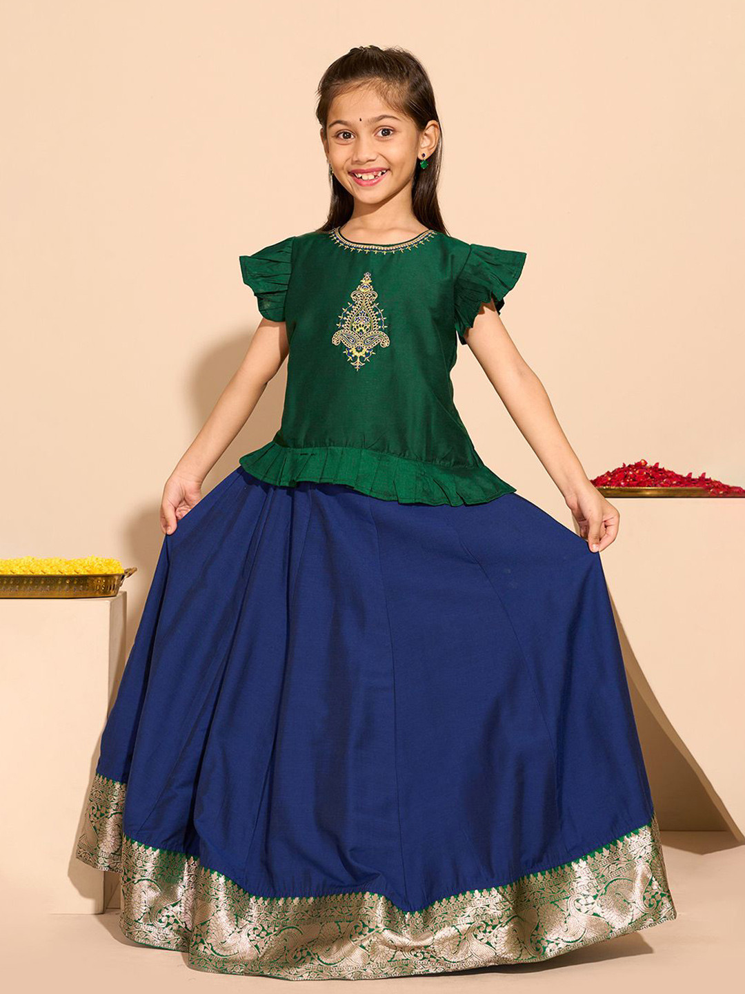 

Maybell Girls Embroidered Ready to Wear Lehenga &, Green