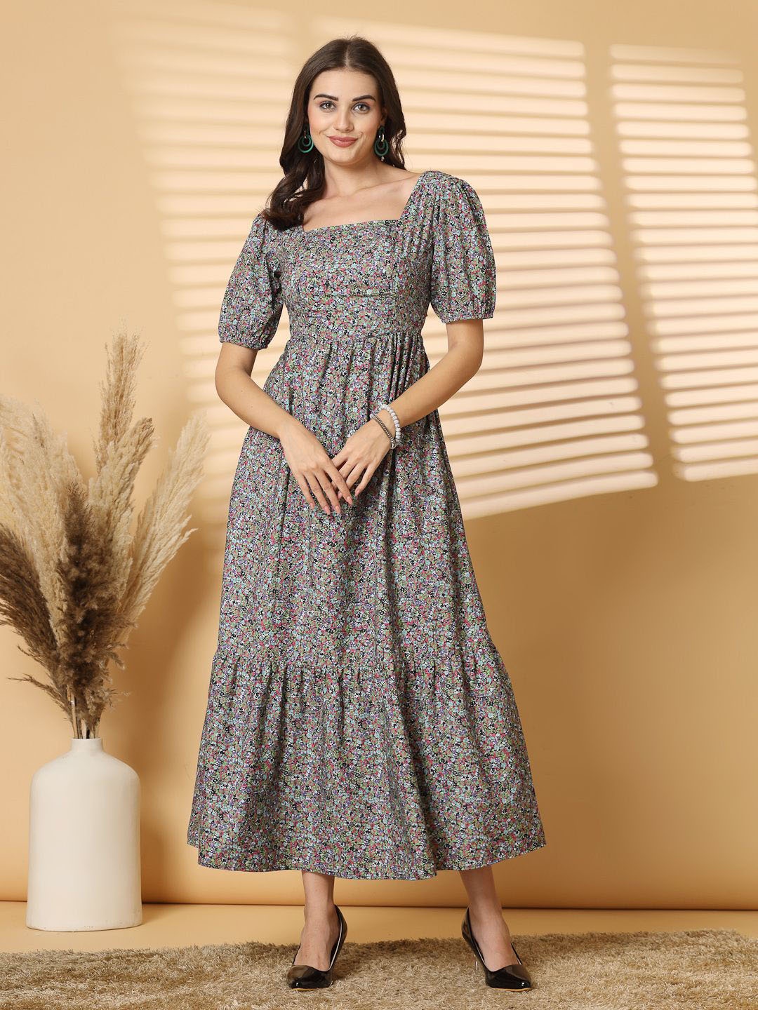 

RAASSIO Floral Print Puff Sleeve Crepe Maxi Dress, Green