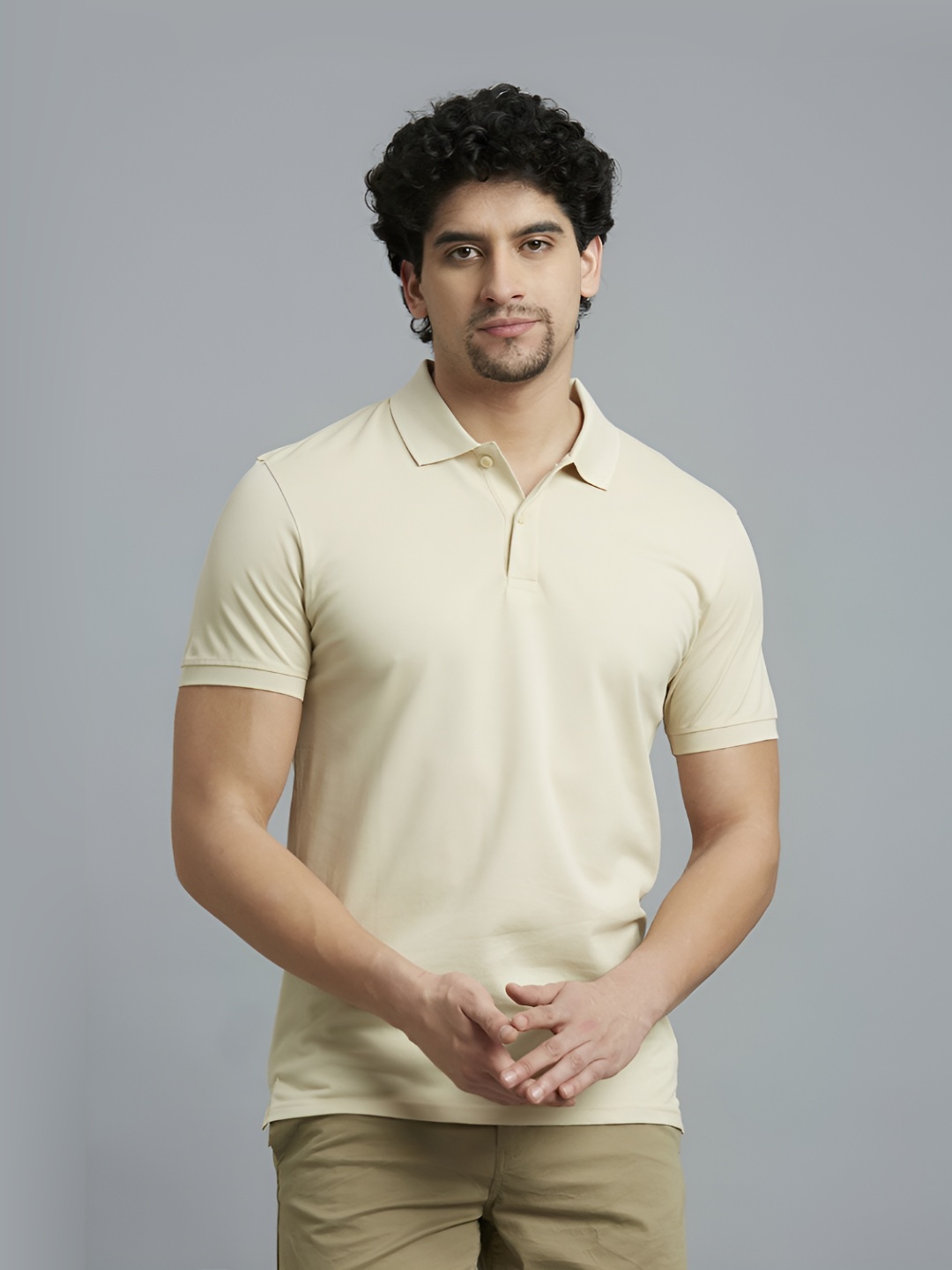 

Reid & Taylor Men Dyed Polo Collar Pockets Slim Fit T-shirt, Beige