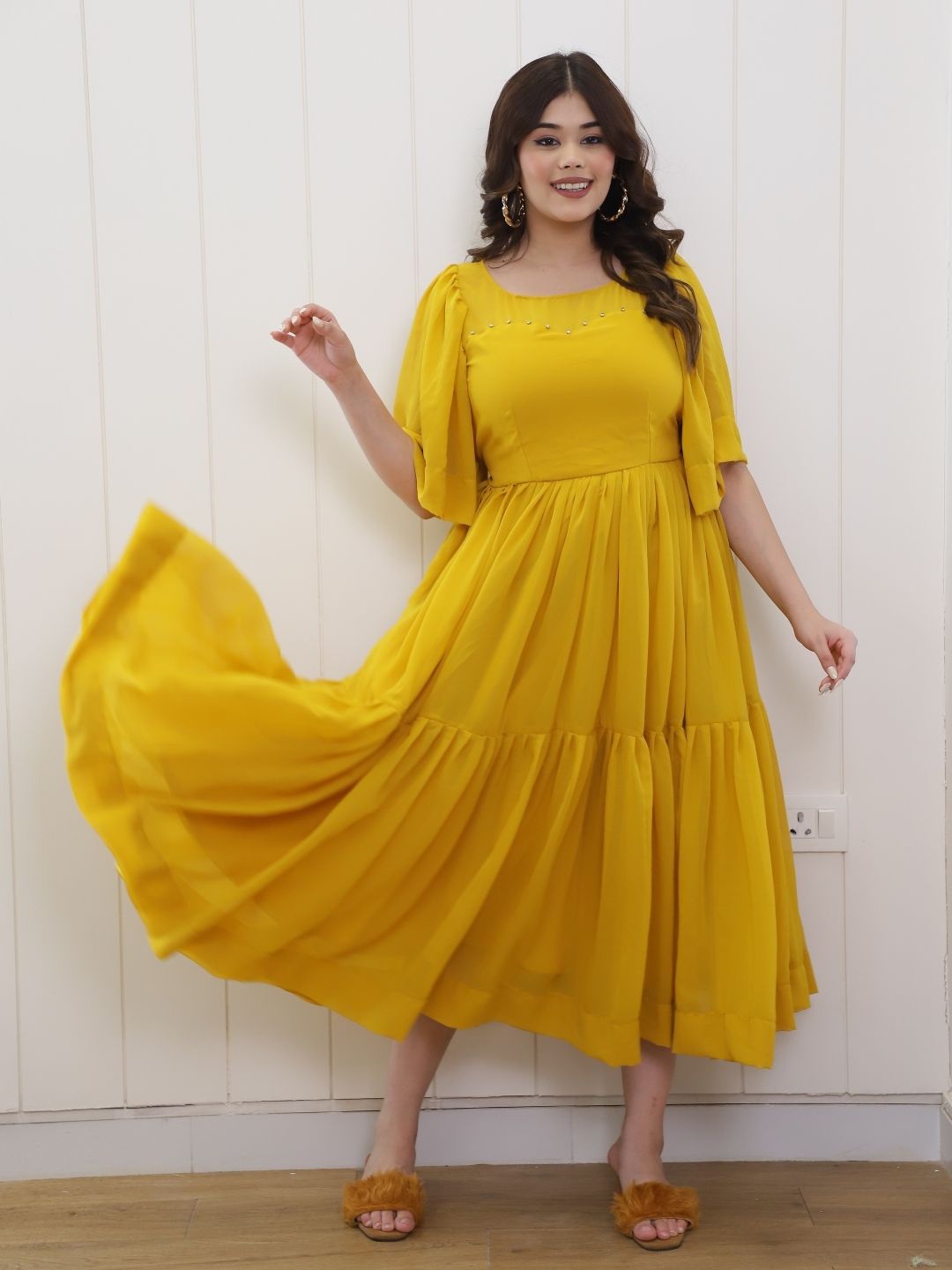 

Swadeshi Shringaar Georgette Fit and Flare Midi Dress, Mustard