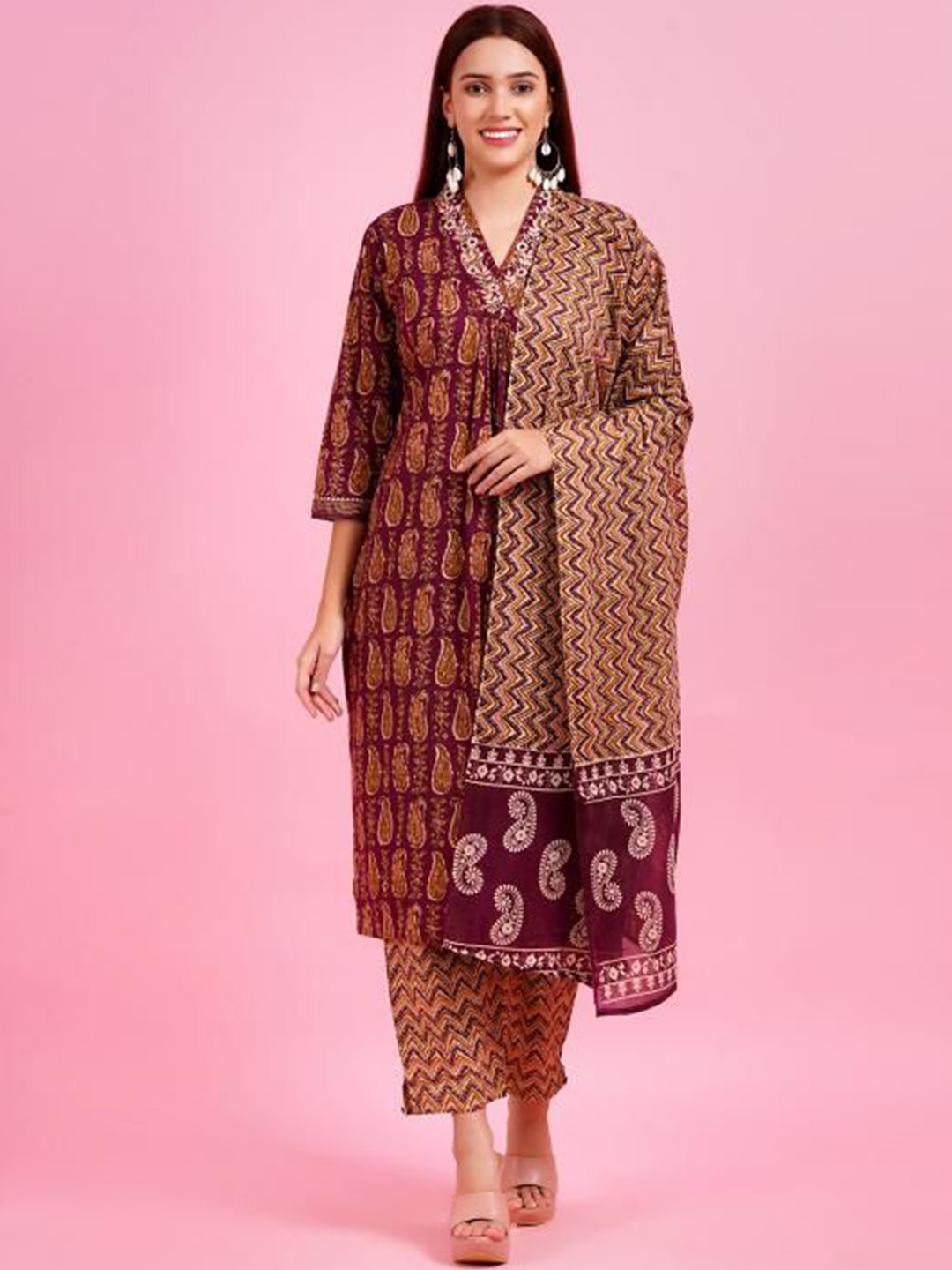 

JC4U Women Ethnic Motifs Printed Regular Zardozi Pure Cotton Kurta with Trousers & With Dupatta, Maroon