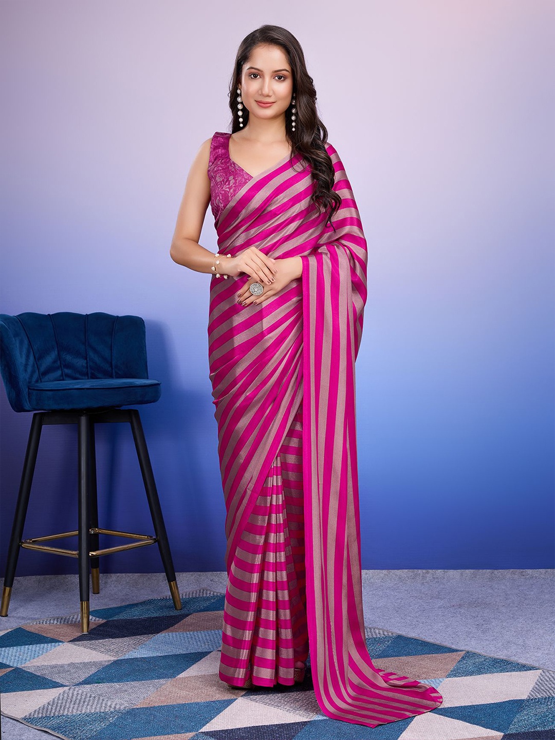 

RACHNA Striped Satin Ready to Wear Saree, Pink