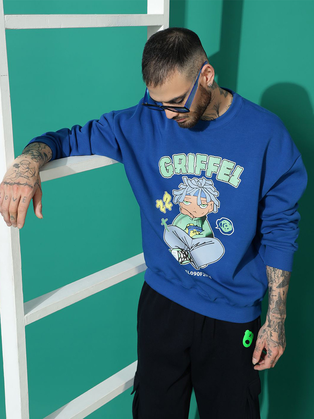 

GRIFFEL Men Printed Round Neck Long Sleeves Sweatshirt, Blue
