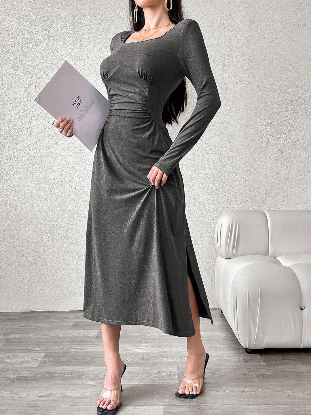 

JC Mode Women Round Neck A-Line Midi Dress, Grey
