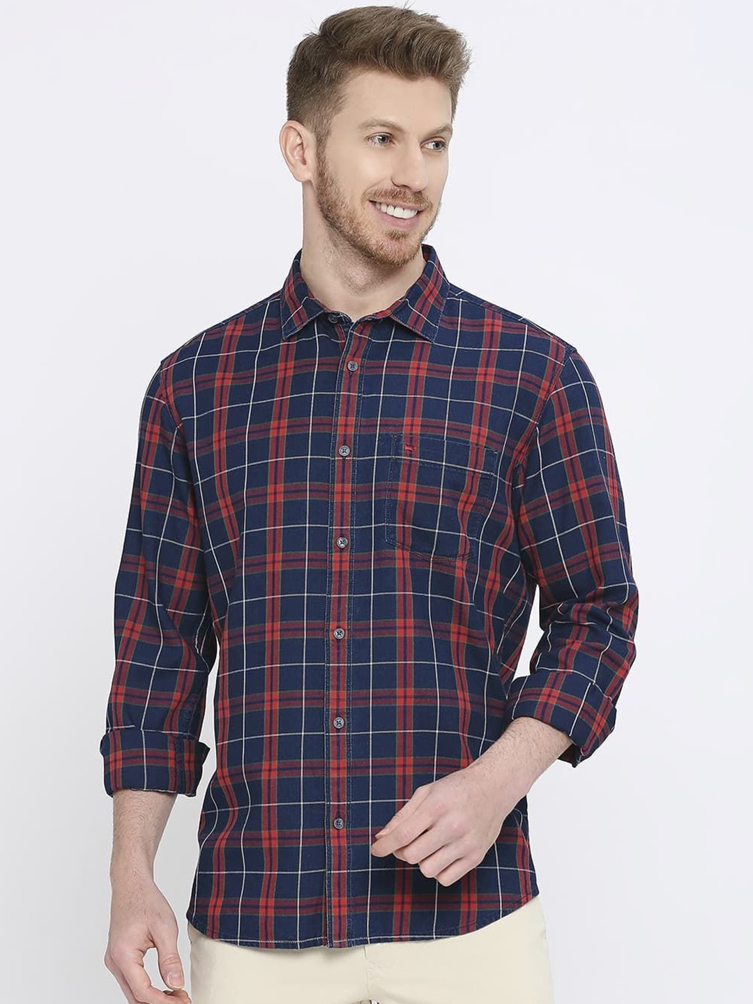 

Basics Men Slim Fit Tartan Checks Opaque Checked Casual Shirt, Red