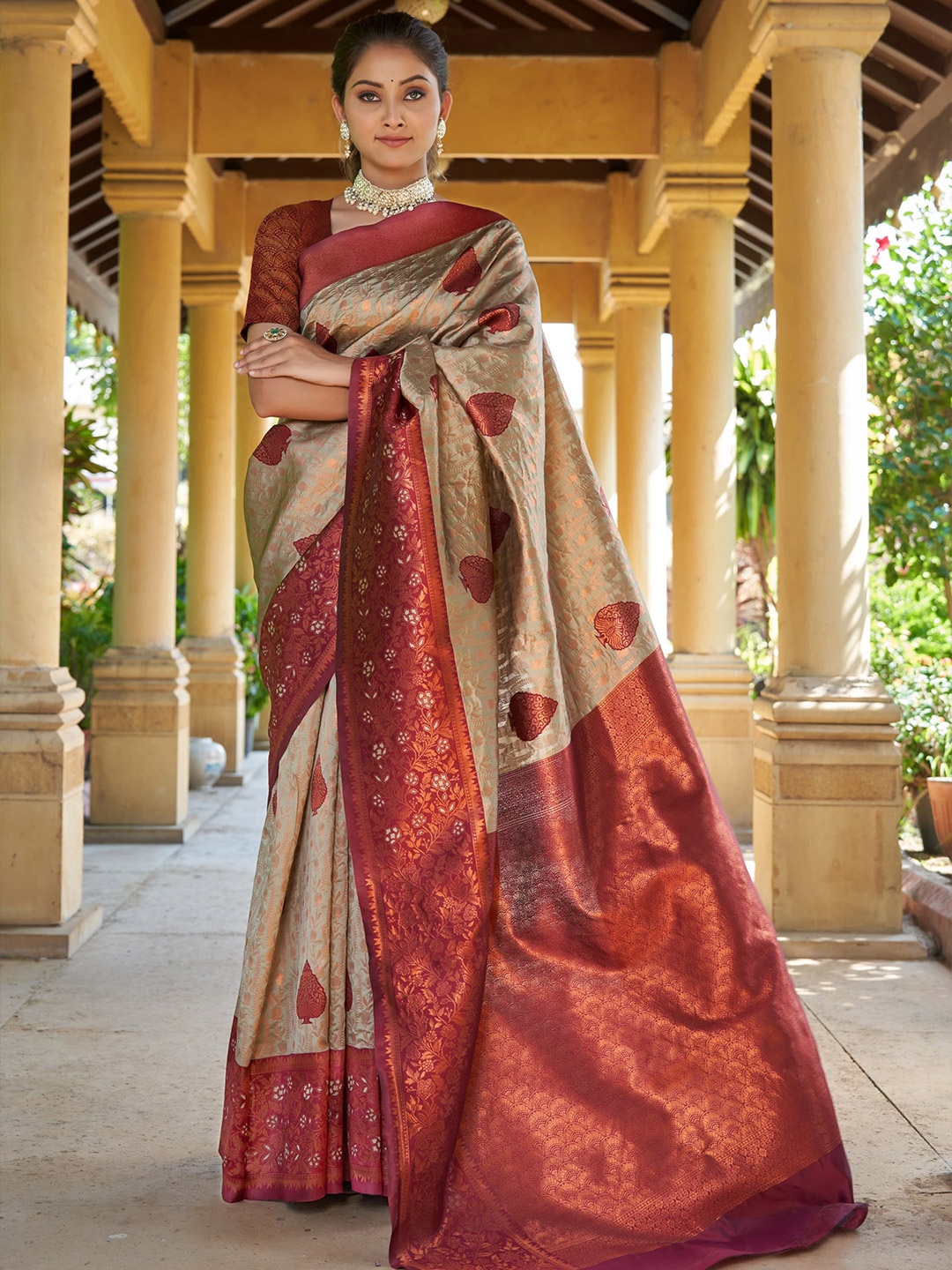 

Wuxi Ethnic Motifs Woven Design Zari Pure Silk Banarasi Ready to Wear Saree, Cream