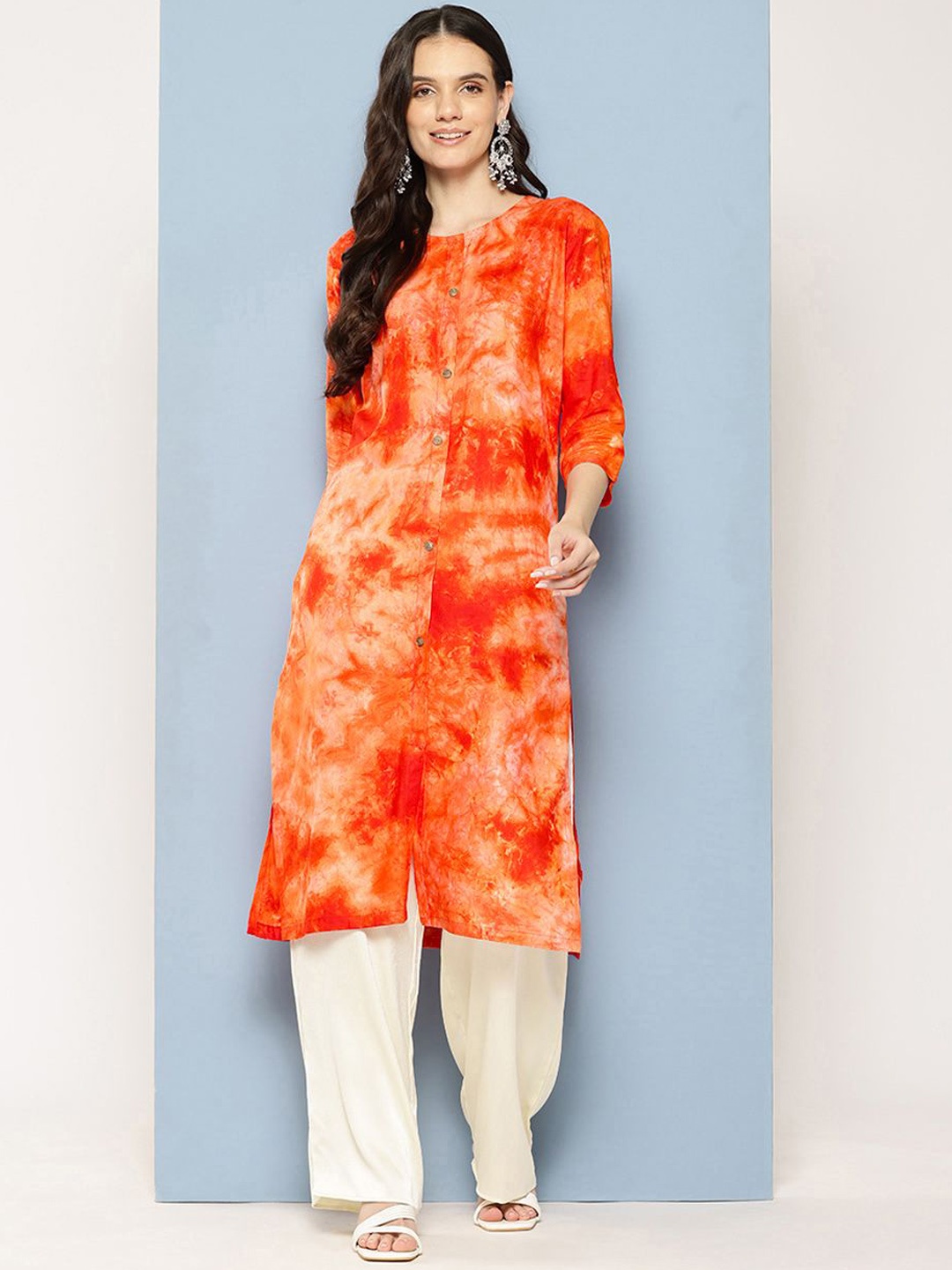 

BAESD Women Dyed Mirror Work Pathani Kurta, Orange