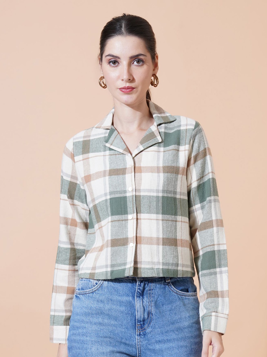 

IX IMPRESSION Checked Cotton Shirt Style Crop Top, Green