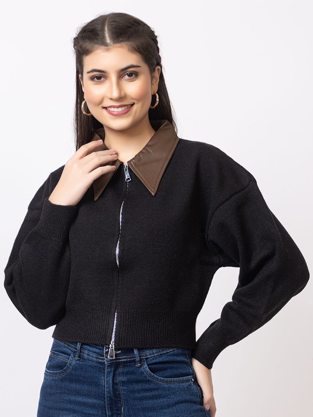 

Antiloop Women Woollen Cardigan with Zip Detail Detail, Black
