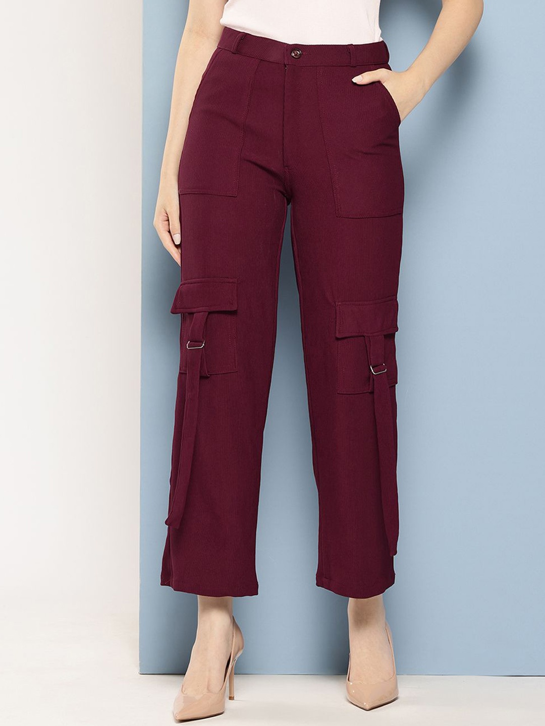 

BAESD Women Smart Flared Trousers, Burgundy