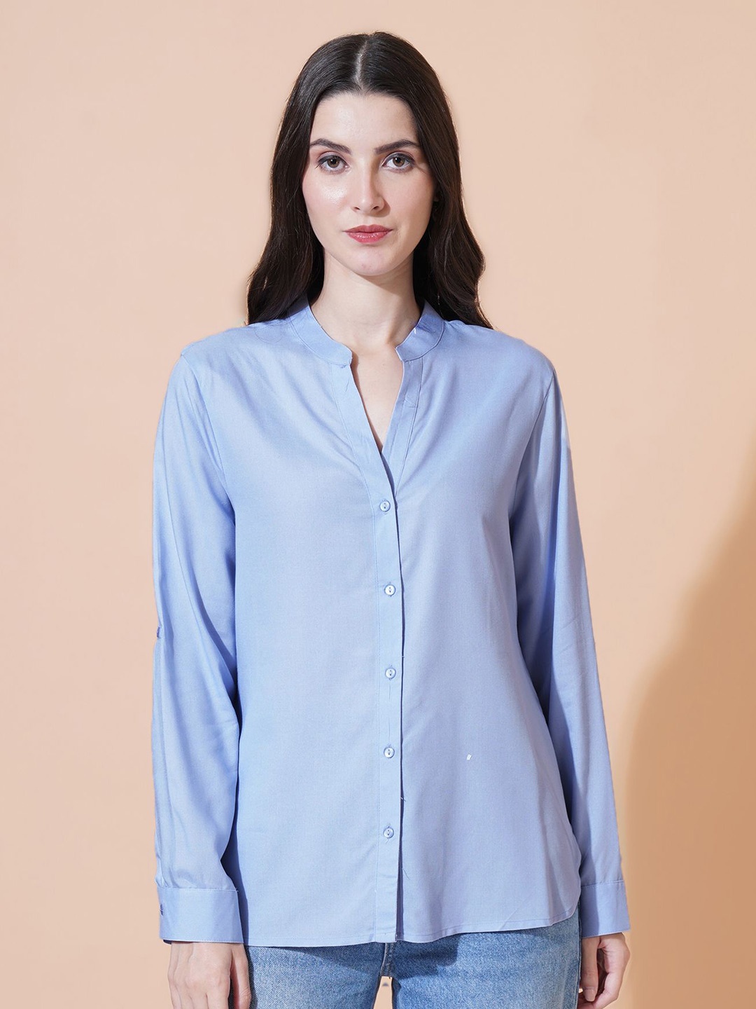 

IX IMPRESSION Mandarin Collar Cotton Shirt Style Top, Blue