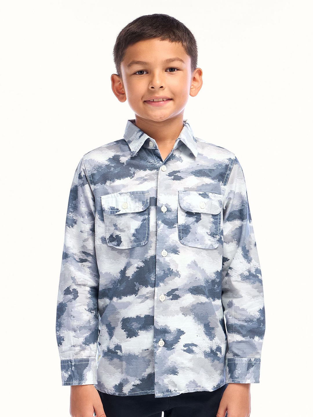 

NO MONDAYS Boys Pure Cotton Abstract Printed Double Pocket Printed Shirt, White