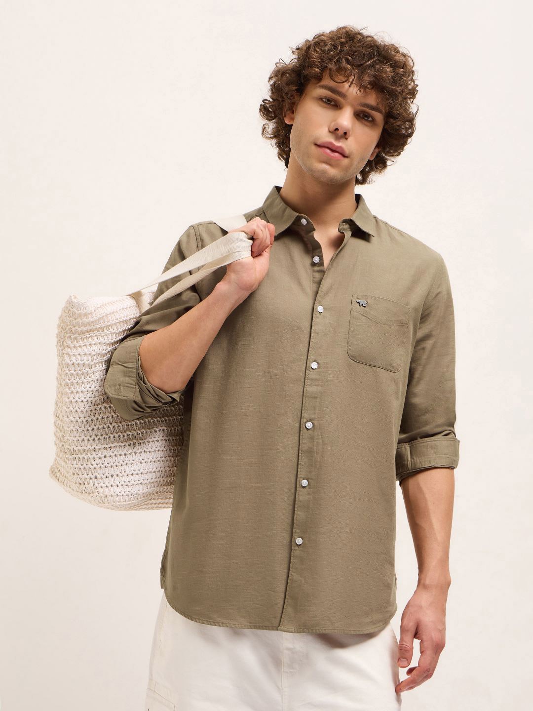 

THE BEAR HOUSE Men Slim Fit Opaque Casual Shirt, Beige