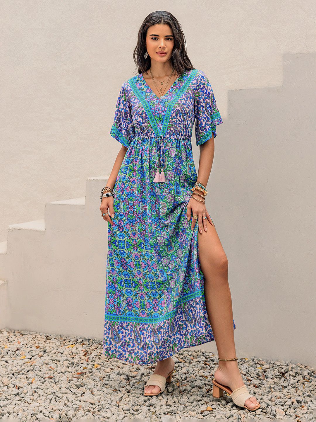 

JC Mode Women Ethnic Motifs Printed V-Neck Short Sleeves Maxi Dress, Blue