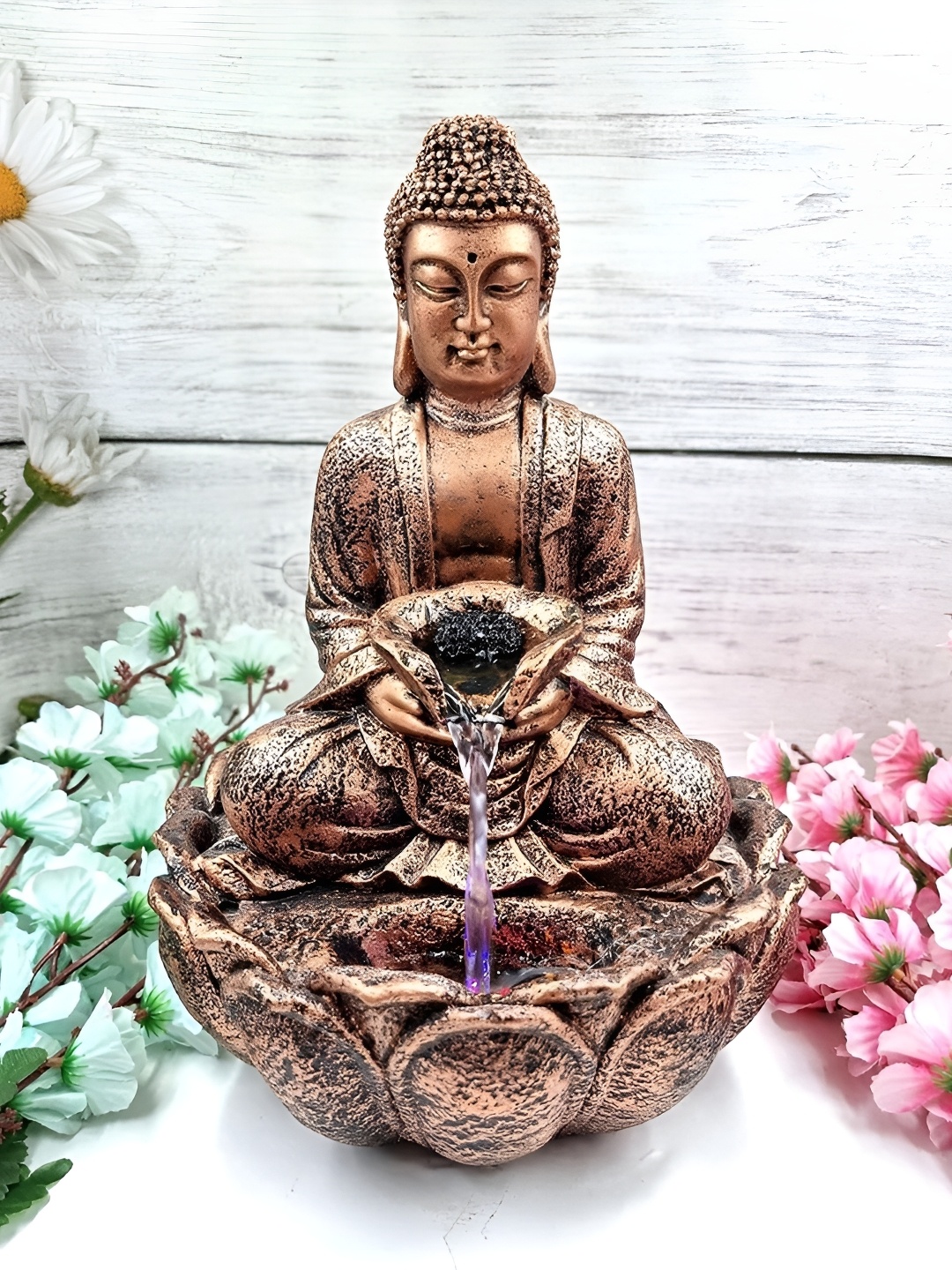 

EXPLEASIA Copper Textured Lotus Buddha Water Fountain