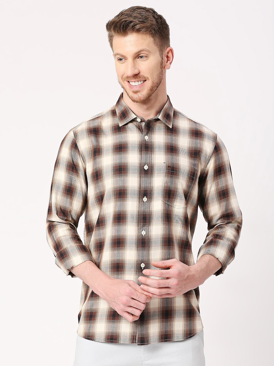 

Basics Men Slim Fit Shepherd Checks Opaque Checked Casual Shirt, Brown