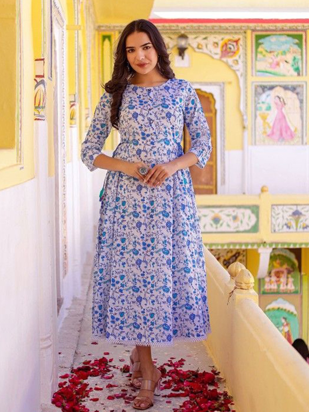 

Chandbaali Floral Print Fit & Flare Midi Dress, Blue