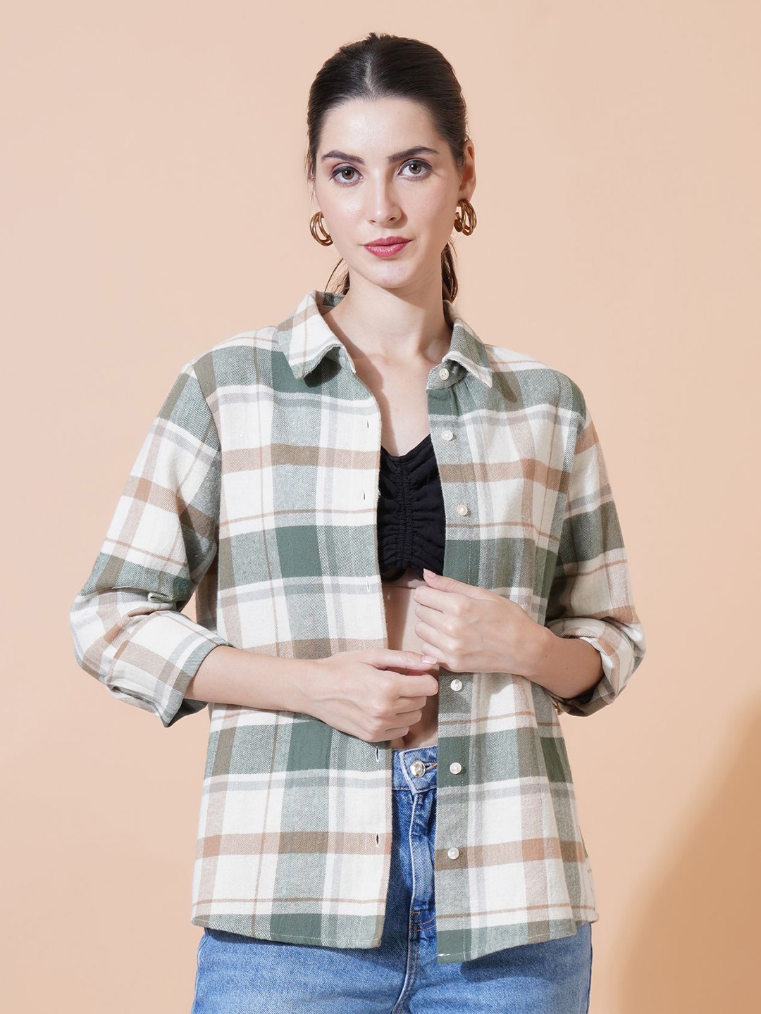 

IX IMPRESSION Checked Cotton Shirt Style Top, Green