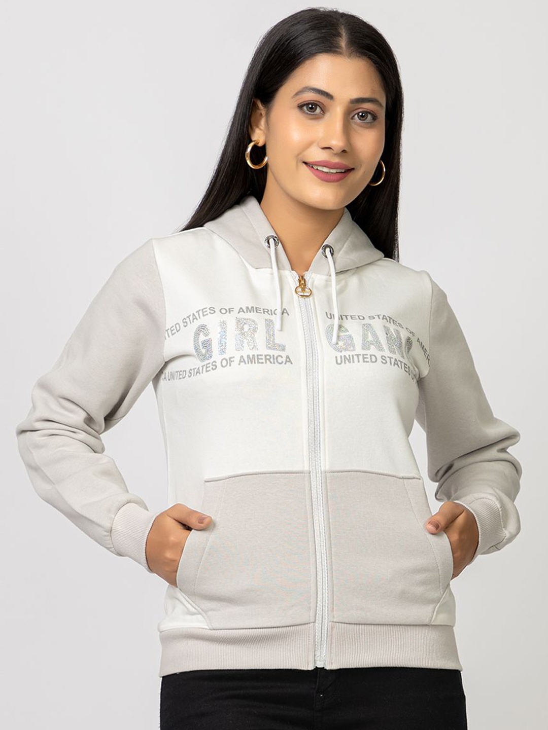 

Navsha Women Printed Hooded Sweatshirt, Grey