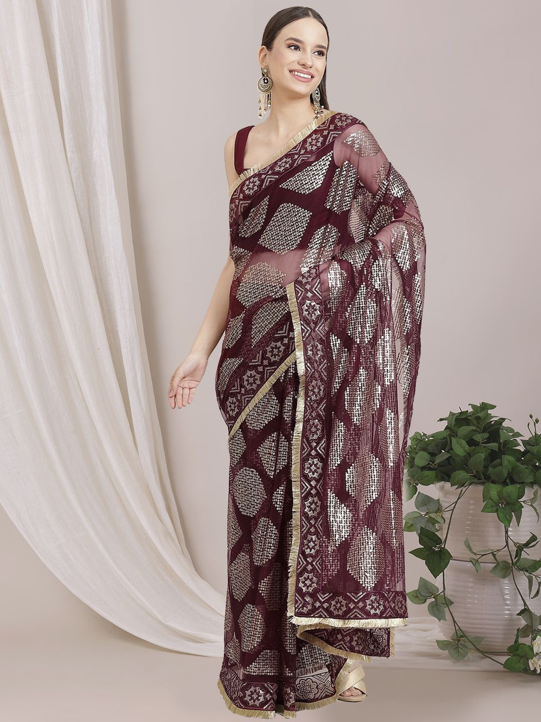 

Inddus Embellished Sequinned Net Heavy Work Saree, Brown