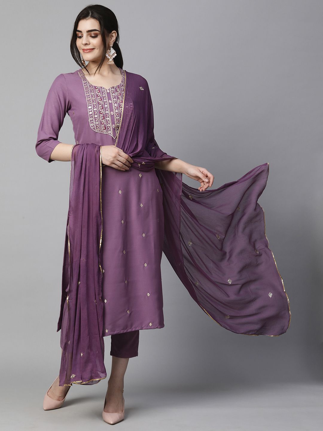 

KALINI Women Ethnic Motifs Embroidered Regular Thread Work Kurta with Trousers & With Dupatta, Purple