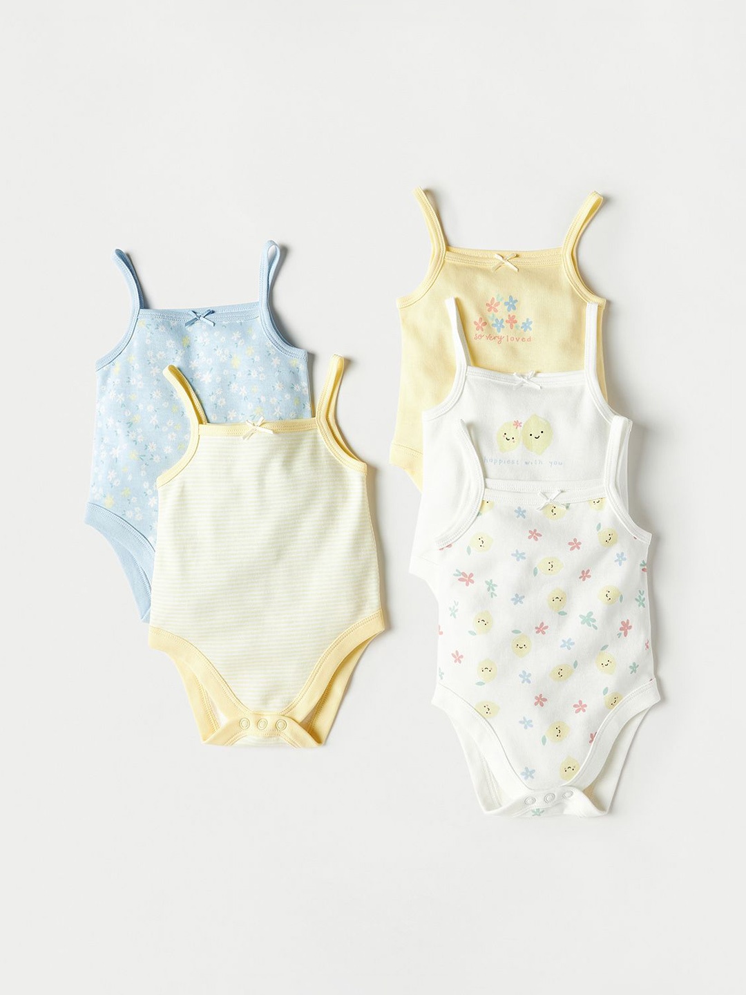 

Juniors by Babyshop Infant Girls Pack Of 5 Printed Pure Cotton Bodysuits, Yellow