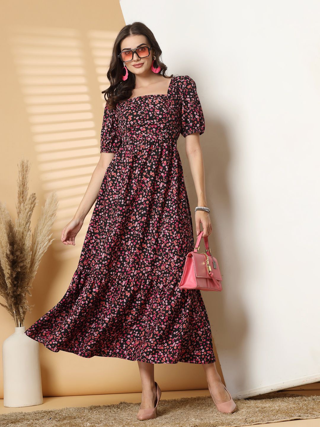 

RAASSIO Floral Print Puff Sleeve Crepe Maxi Dress, Pink