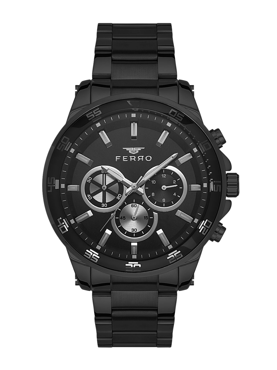 

Ferro Men Brass Dial & Stainless Steel Bracelet Style Straps Analogue Chronograph Watch FM11328A-G, Black
