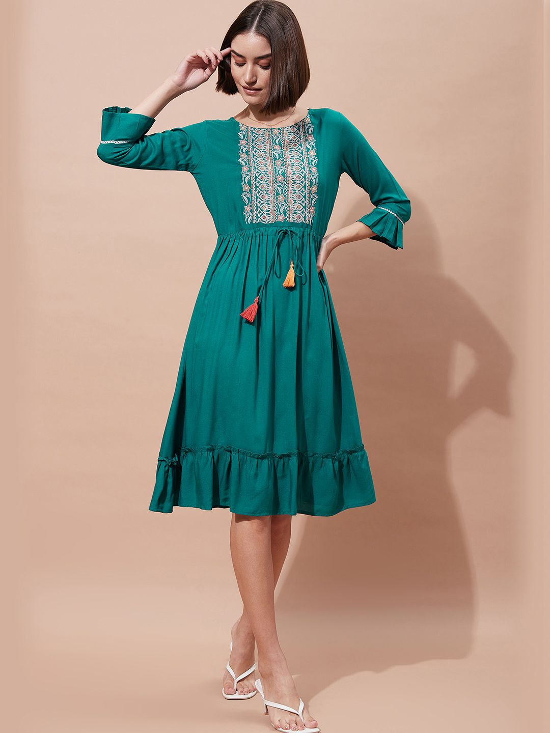 

DressBerry Floral Embroidered Fit & Flare Dress, Teal