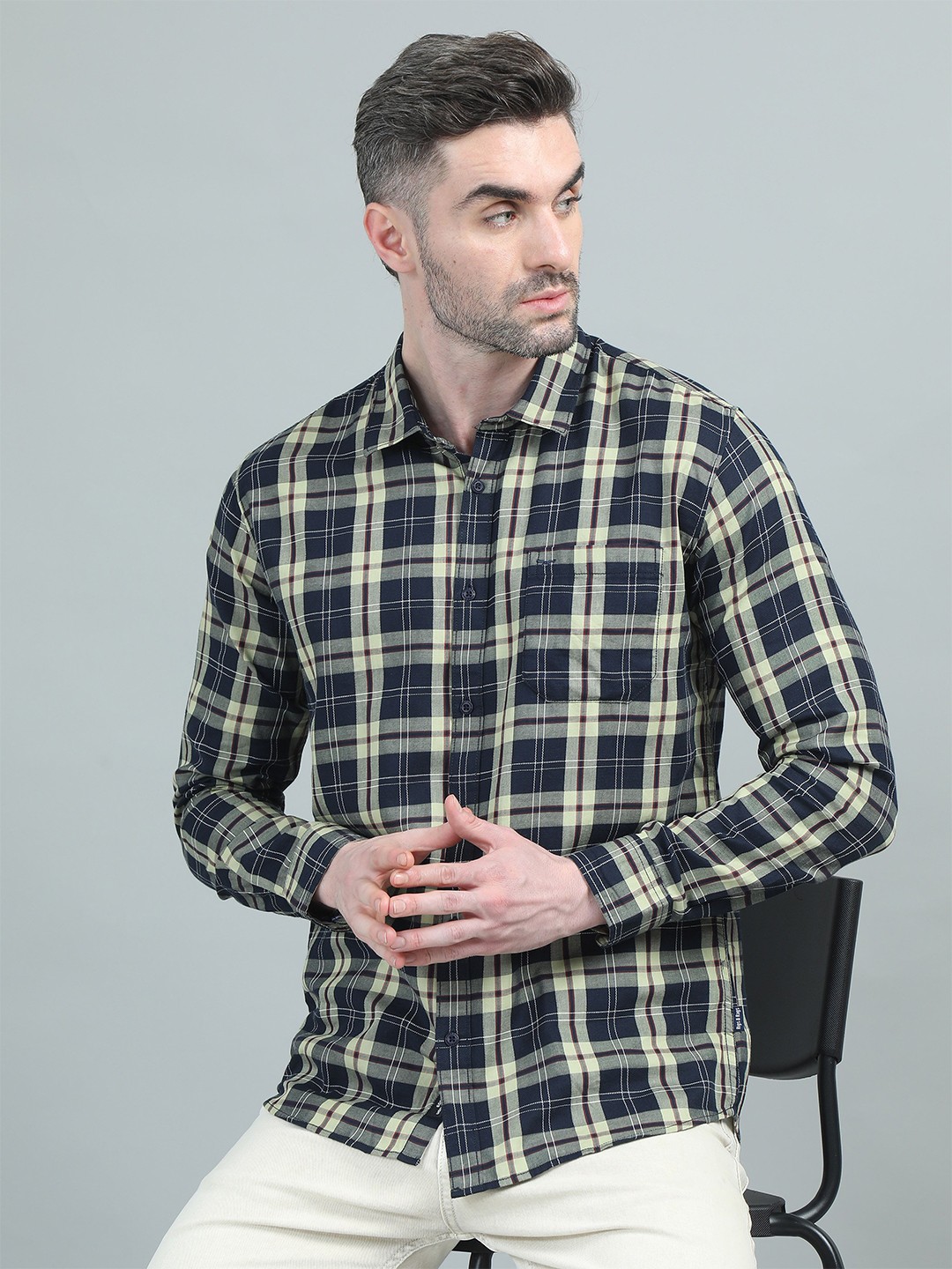 

RIGS AND RAGS Men Classic Tartan Checks Opaque Checked Casual Shirt, Navy blue