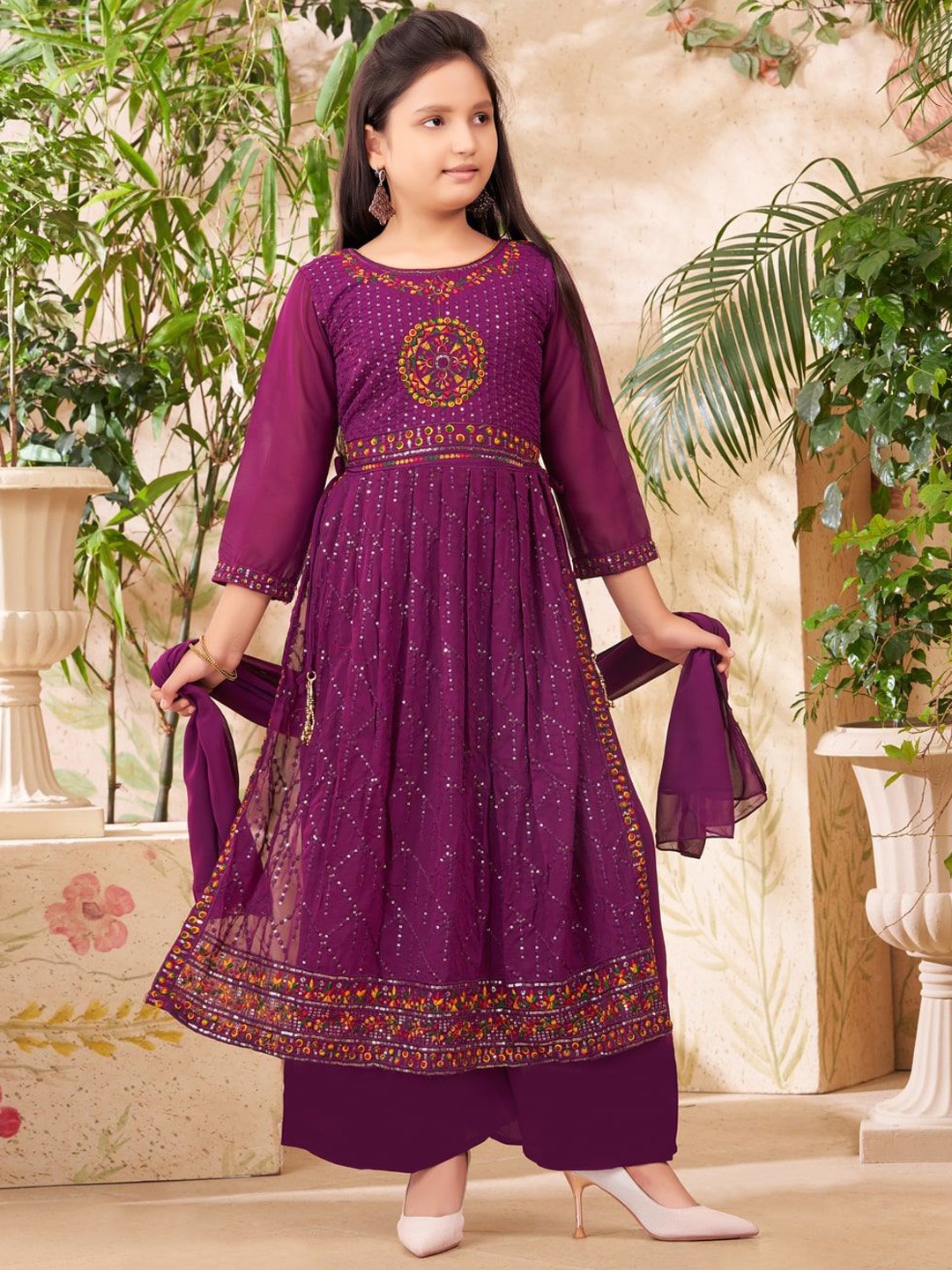 

BAESD Girls Printed Regular Kurta with Palazzos & With Dupatta, Purple