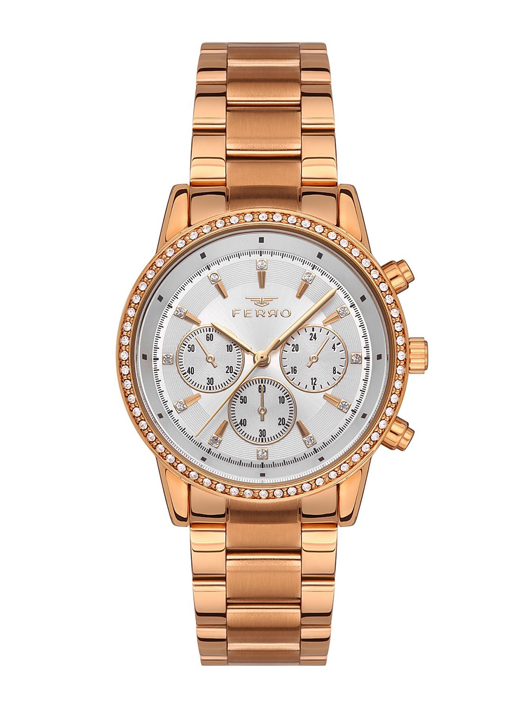 

Ferro Women Brass Dial & Stainless Steel Bracelet Style Straps Analogue Chronograph Watch FL41258A-C, Silver