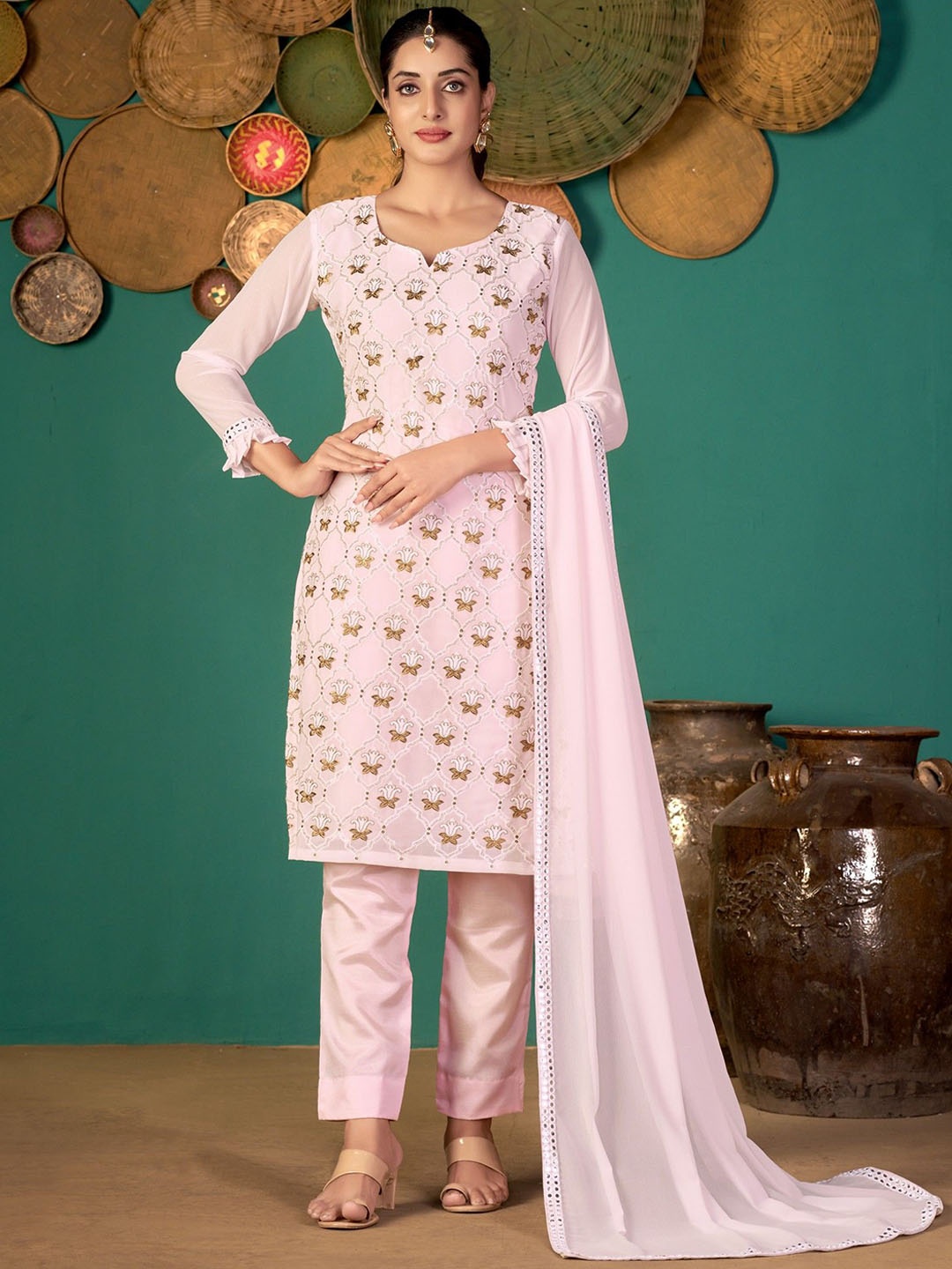

VARNI FABRICS Embellished Silk Georgette Semi-Stitched Dress Material, Pink