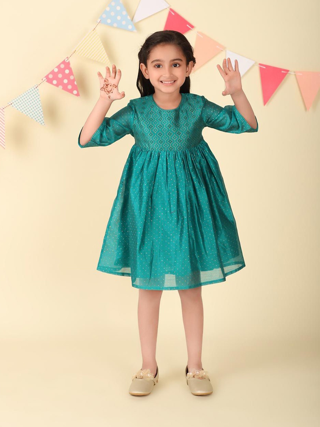 

Fabindia Ethnic Motifs Print A-Line Dress, Teal