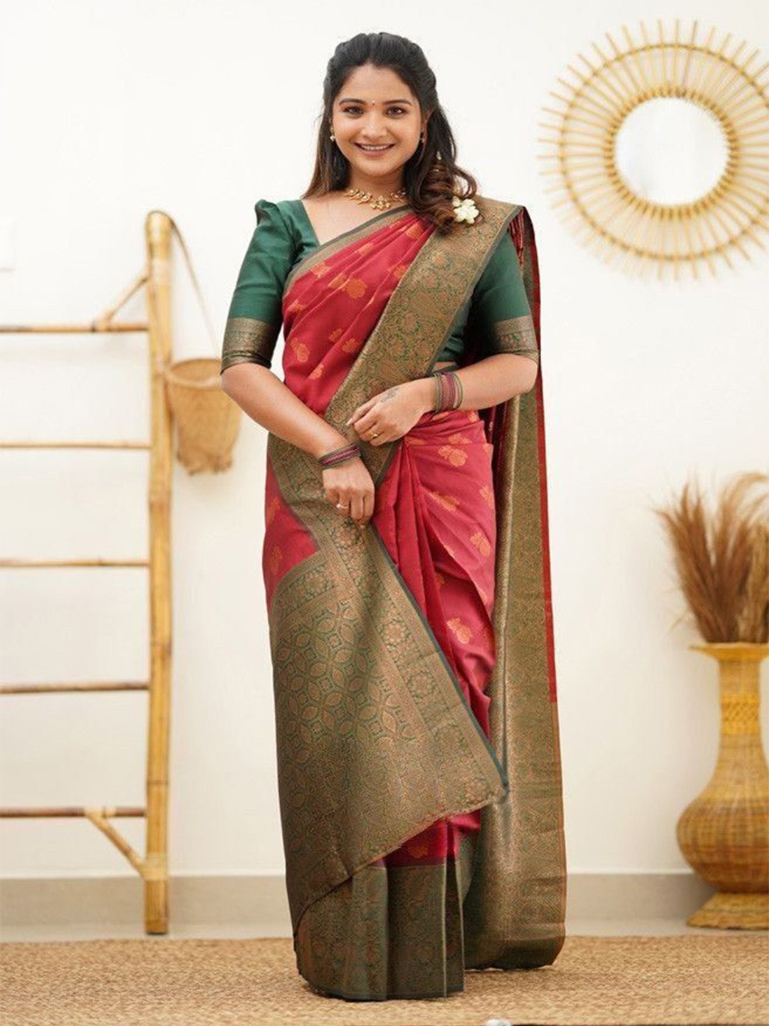 

Jinax Woven Design Zari Pure Silk Banarasi Saree, Red